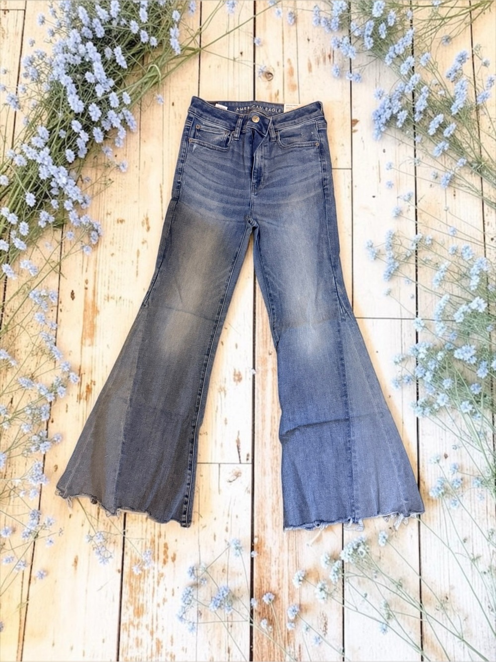 American Eagle Outfitters Medium Blue Patchwork Wide-Leg Flare Jeans
